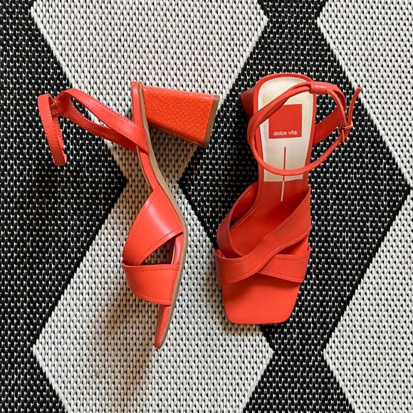 Dolce Vita Tiki Heel In Persimmon - Stack Heel Shoes - Ankle Strap Sandals - Picture 3 of 7